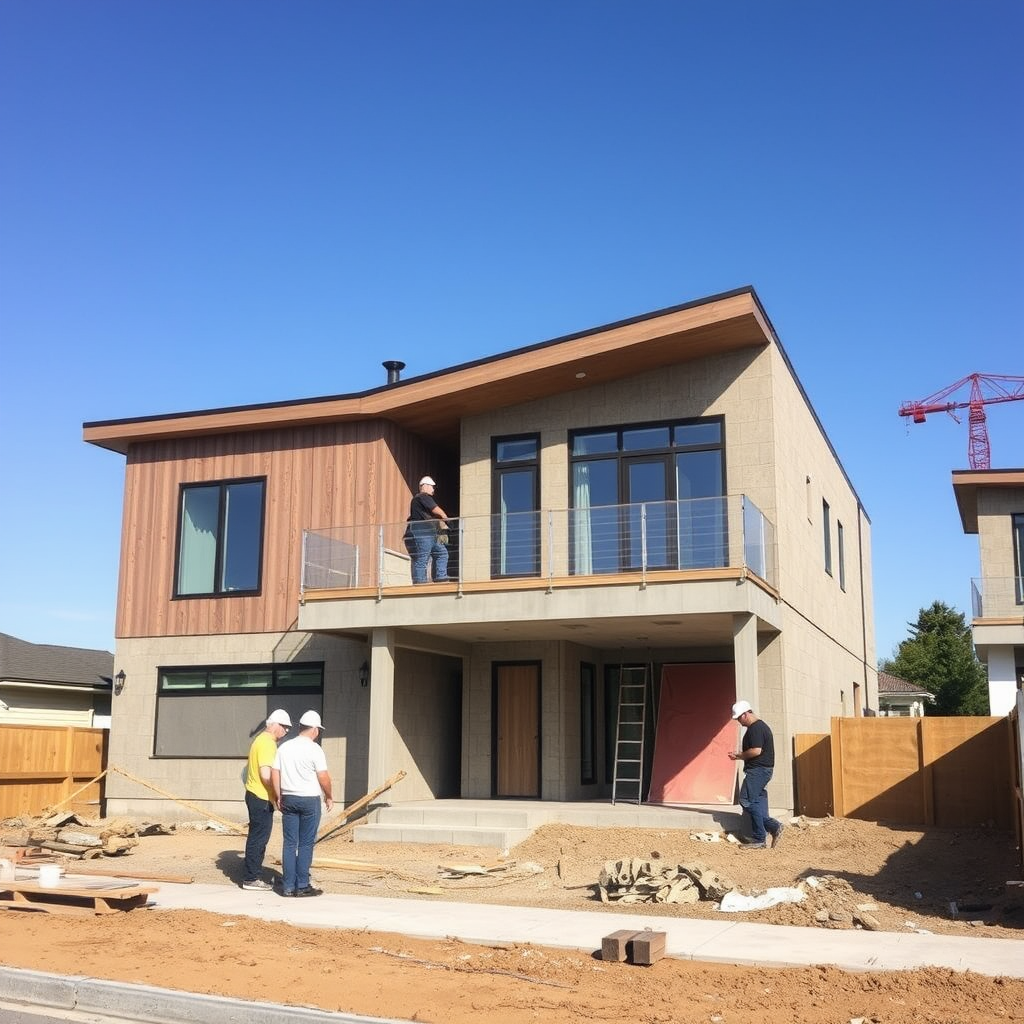 Chantier de construction moderne avec équipe professionnelle travaillant sur un projet résidentiel