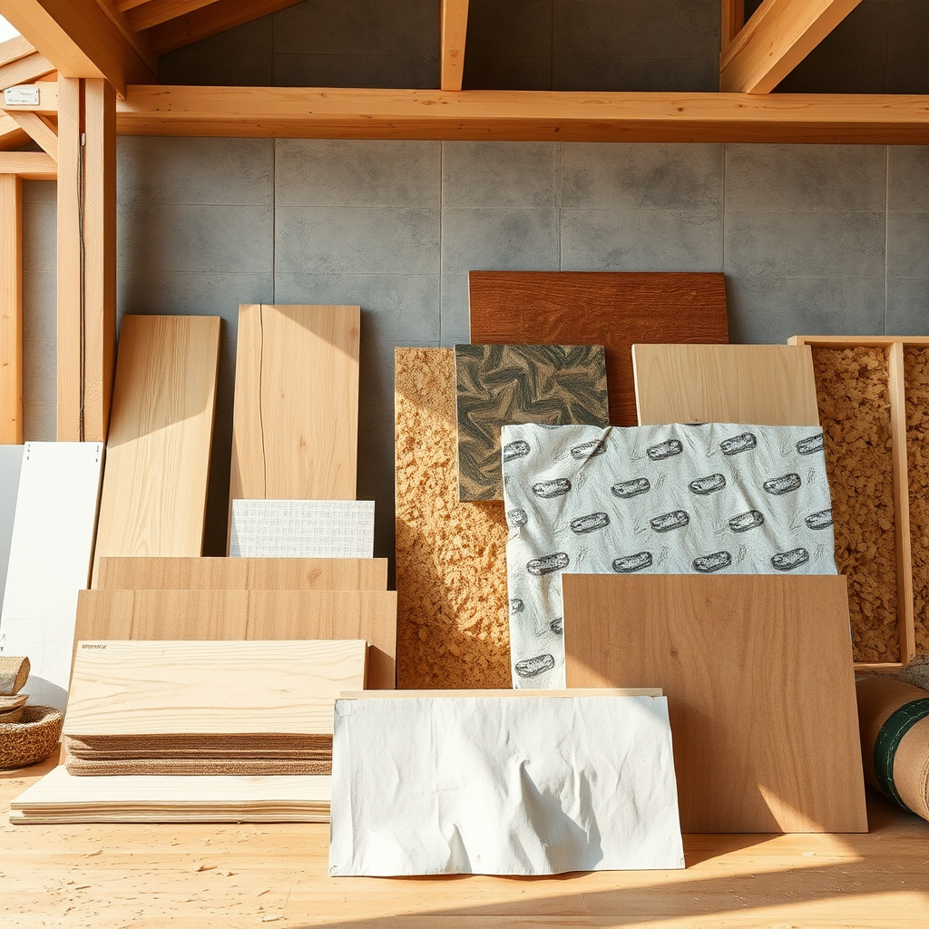 Matériaux de construction écologiques et durables disposés sur un chantier de rénovation moderne, incluant panneaux de bois biosourcé, isolants naturels et matériaux recyclés
