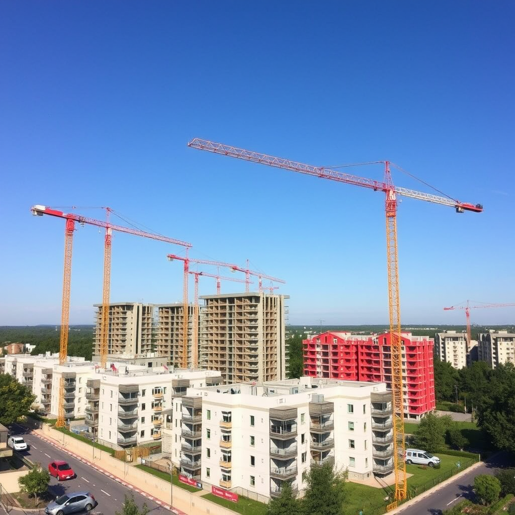 Vue aérienne d'un chantier de construction moderne en France avec grues et bâtiments résidentiels en cours de construction, symbolisant la croissance du secteur immobilier français