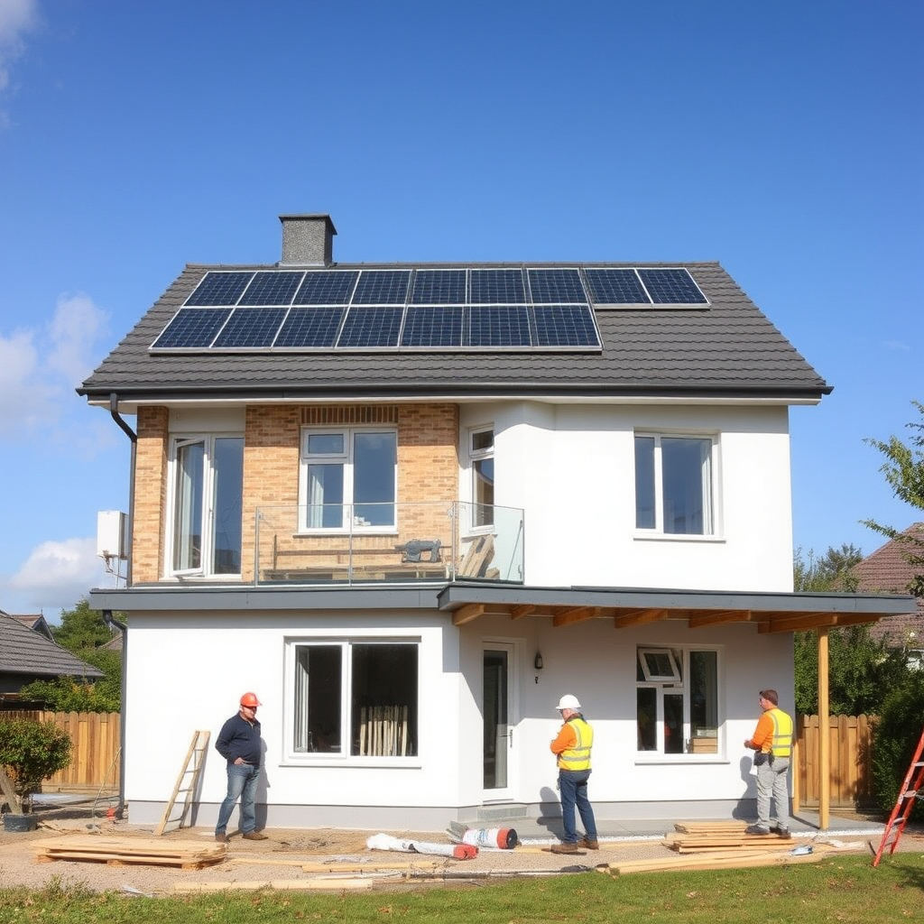 Maison moderne en cours de rénovation énergétique avec panneaux solaires, isolation thermique et nouvelles fenêtres, chantier de construction avec ouvriers spécialisés
