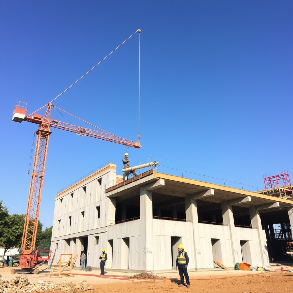 Chantier de construction moderne avec grue et structure en béton, ouvriers en casques de sécurité travaillant sur un bâtiment neuf