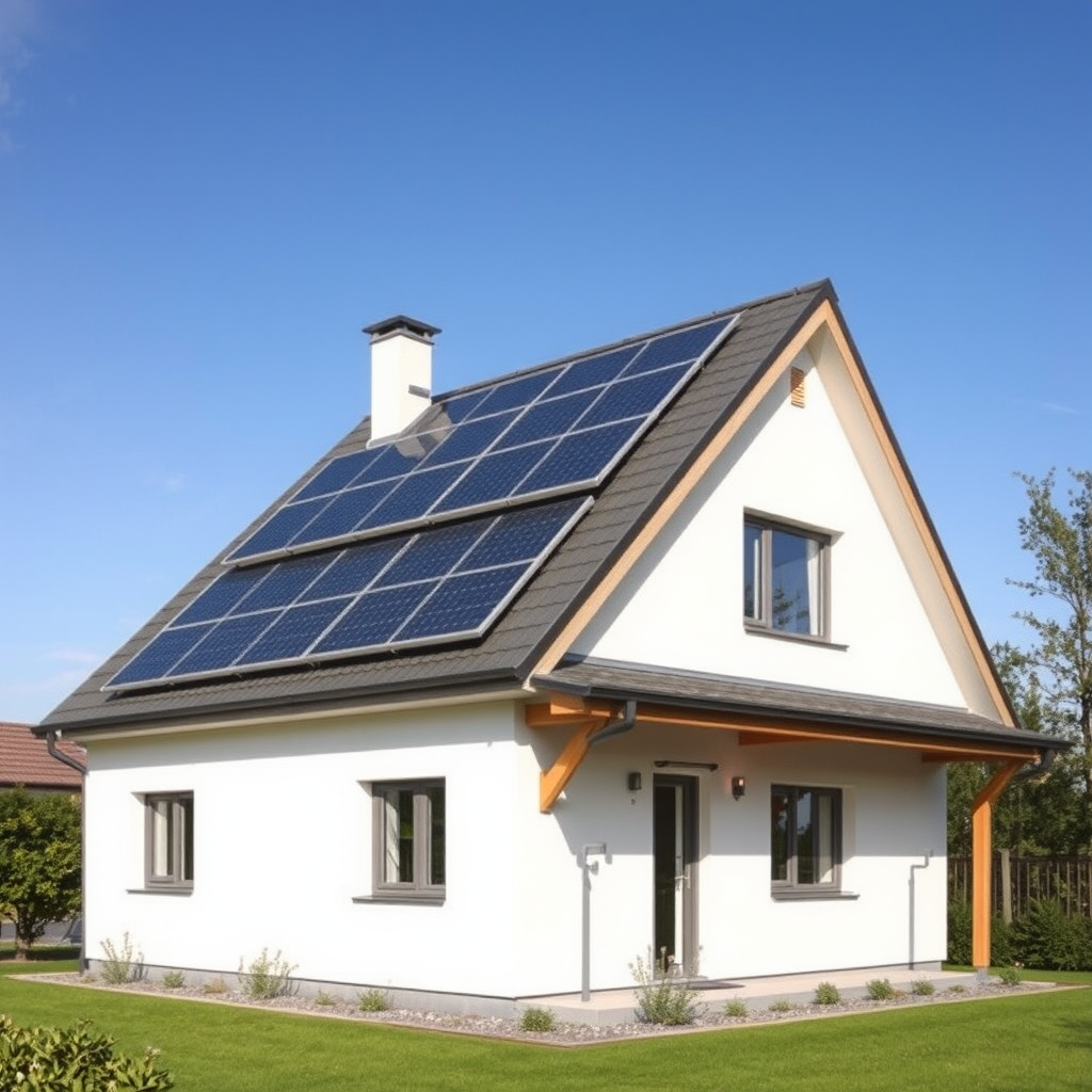 Maison moderne équipée de panneaux solaires sur le toit avec isolation thermique visible et système de ventilation efficace