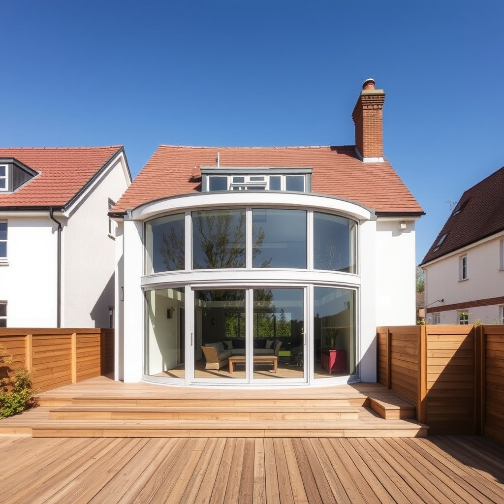 Extension moderne d'une maison avec grande baie vitrée, terrasse en bois et intégration harmonieuse à l'architecture existante