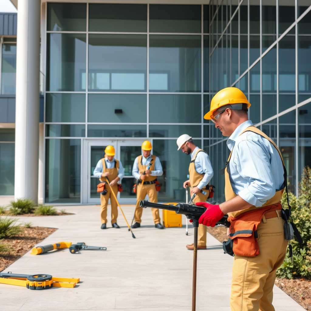 Équipe de maintenance professionnelle travaillant sur l'entretien d'un bâtiment moderne avec outils spécialisés
