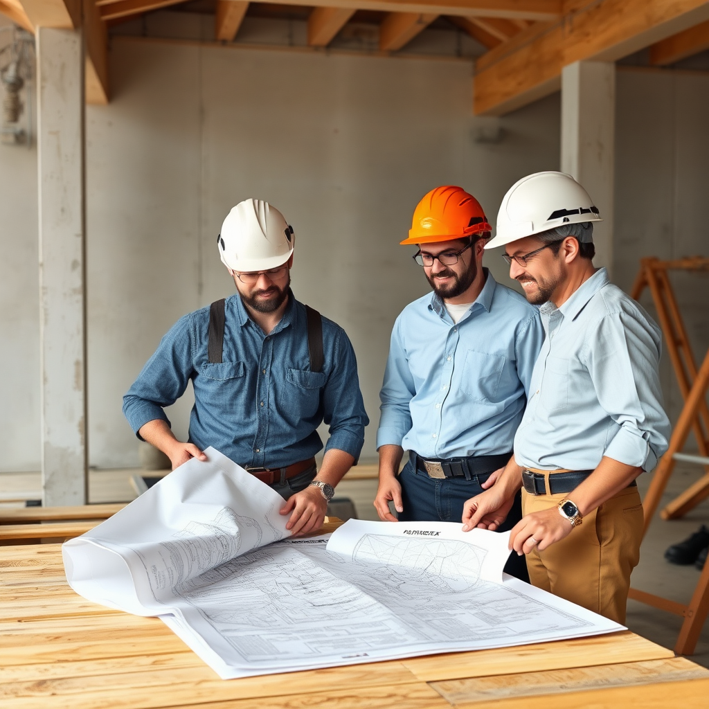Équipe professionnelle de NovaOrionex sur un chantier de rénovation avec casques et plans
