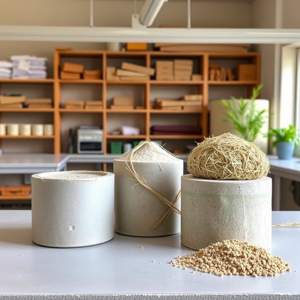 Échantillons de béton de chanvre et autres matériaux biosourcés utilisés en rénovation écologique, présentés dans un laboratoire de construction durable