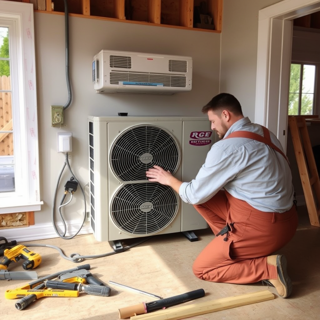 Artisan RGE installant une pompe à chaleur moderne dans une maison en rénovation, outils professionnels et équipements de construction visible