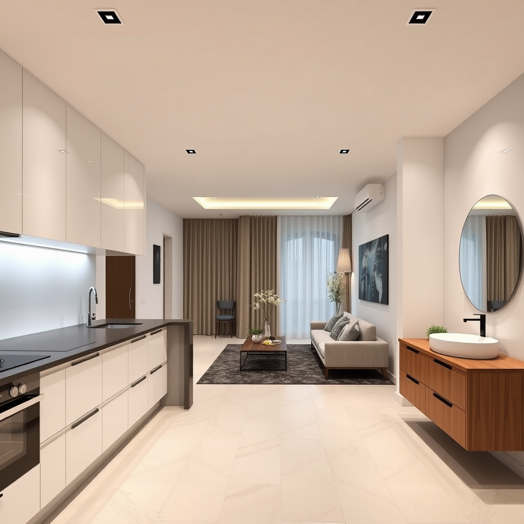 Intérieur moderne rénové avec cuisine équipée, salon contemporain, salle de bain design, finitions haut de gamme, éclairage LED