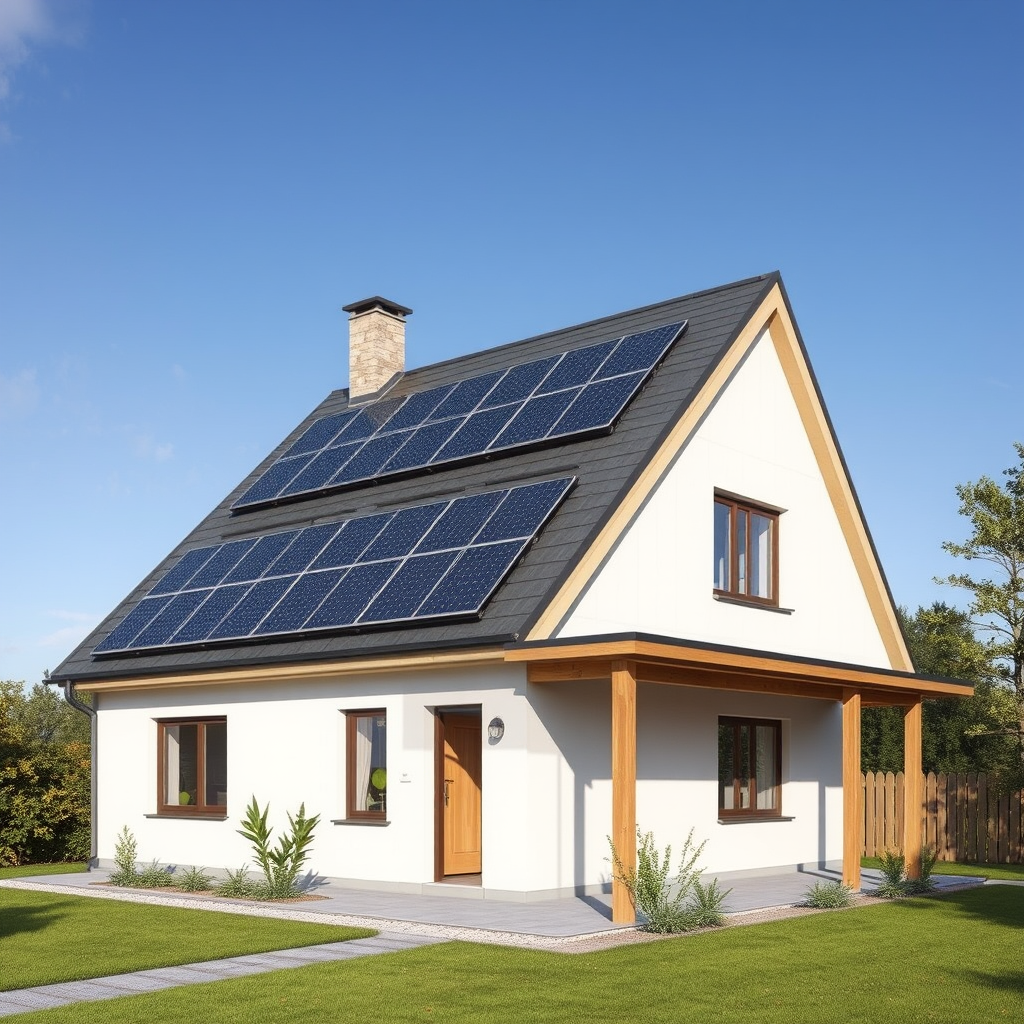 Maison moderne écologique avec panneaux solaires, isolation performante et matériaux durables, respectant les normes RE2020