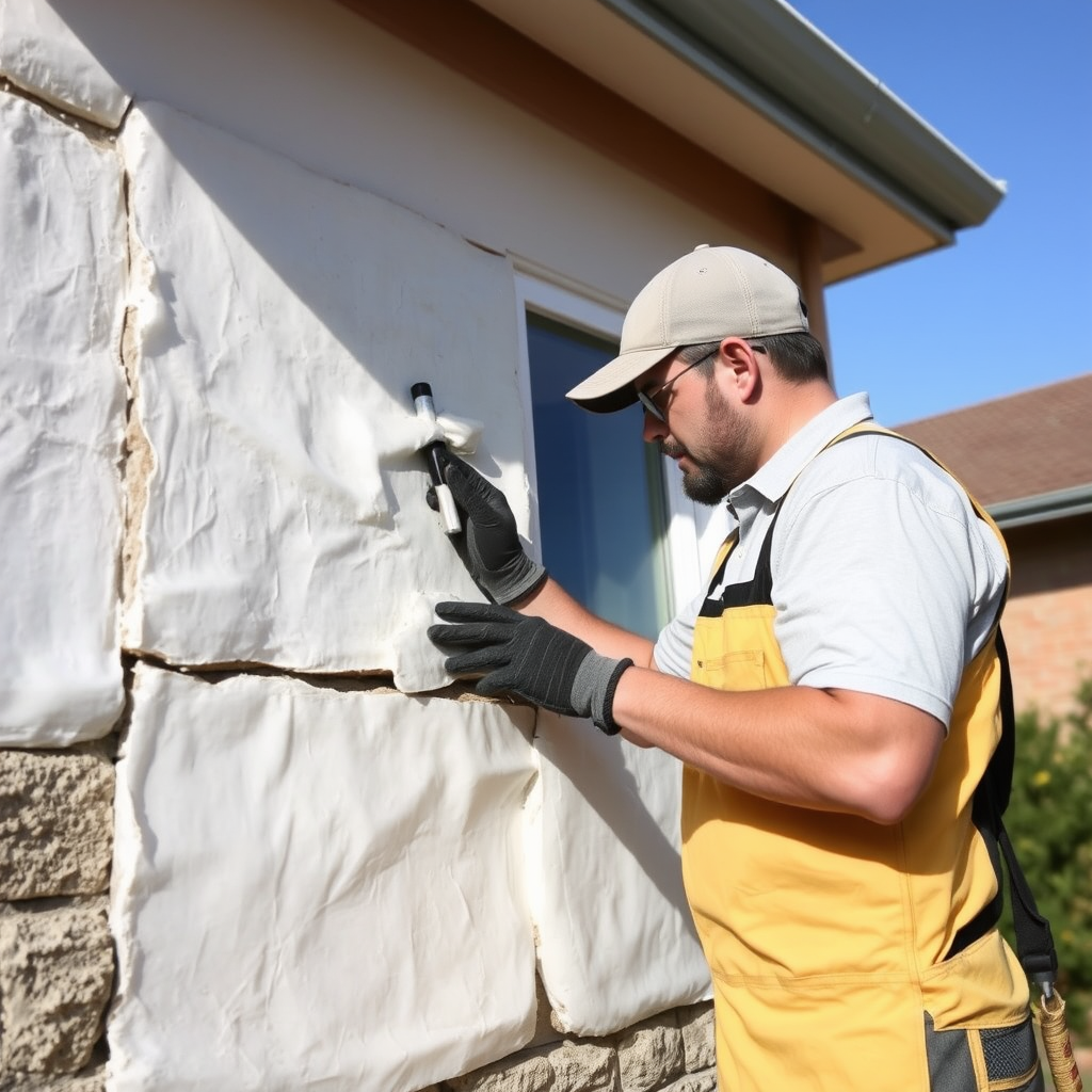 Ouvrier professionnel installant de l'isolation thermique sur le mur extérieur d'une maison en rénovation