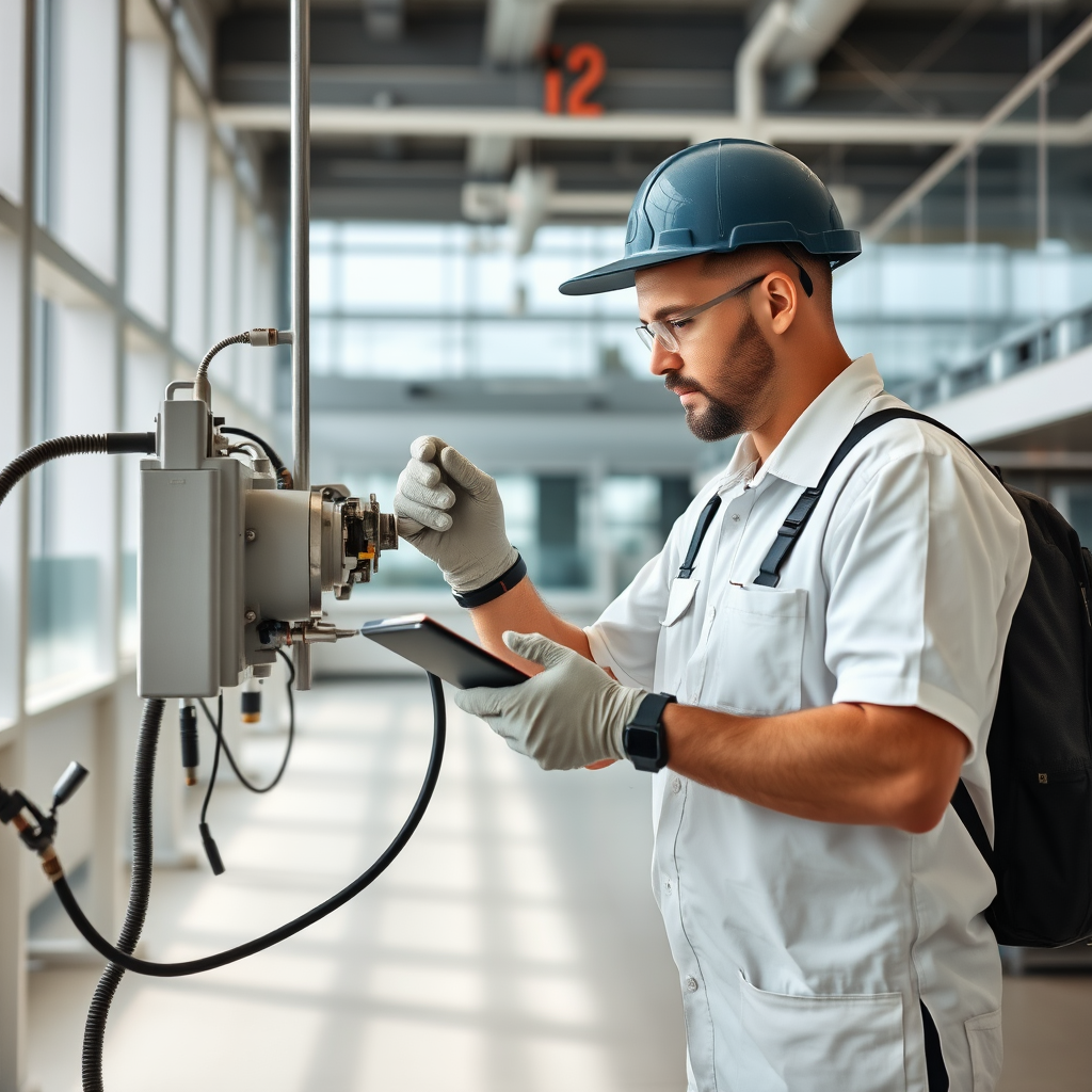 Technicien spécialisé effectuant la maintenance d'équipements techniques dans un bâtiment moderne