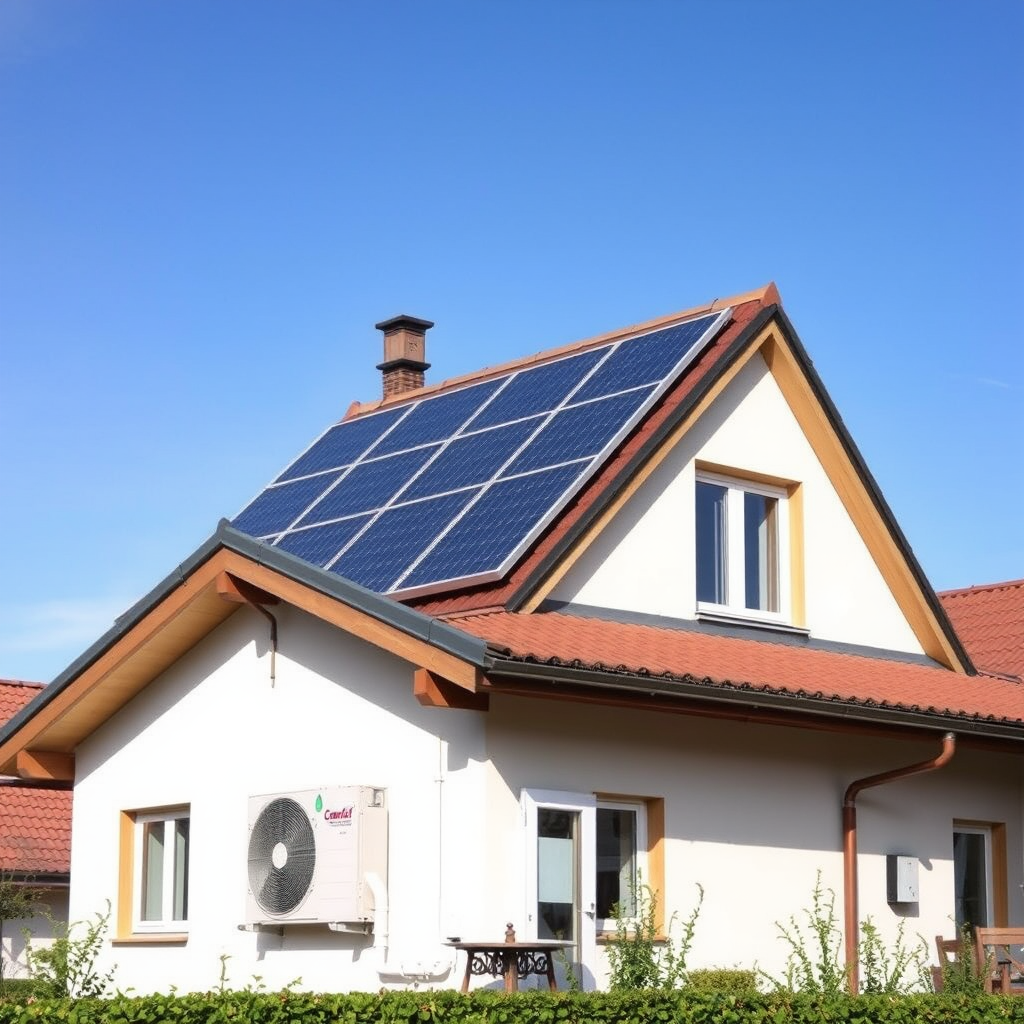 Panneaux solaires sur toit, pompe à chaleur, isolation thermique, système de ventilation, diagnostic énergétique, maison écologique