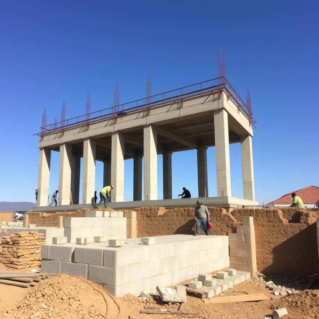 Équipe de maçons travaillant sur les fondations et la structure d'un bâtiment neuf avec béton armé