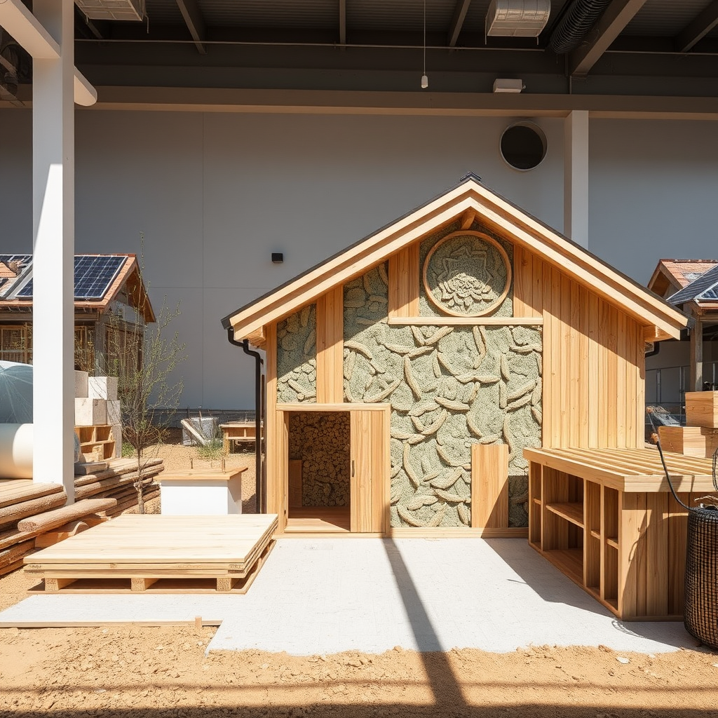 Présentation de matériaux écologiques innovants pour la rénovation : bois biosourcé, isolants naturels, panneaux solaires intégrés et matériaux recyclés dans un environnement de chantier moderne