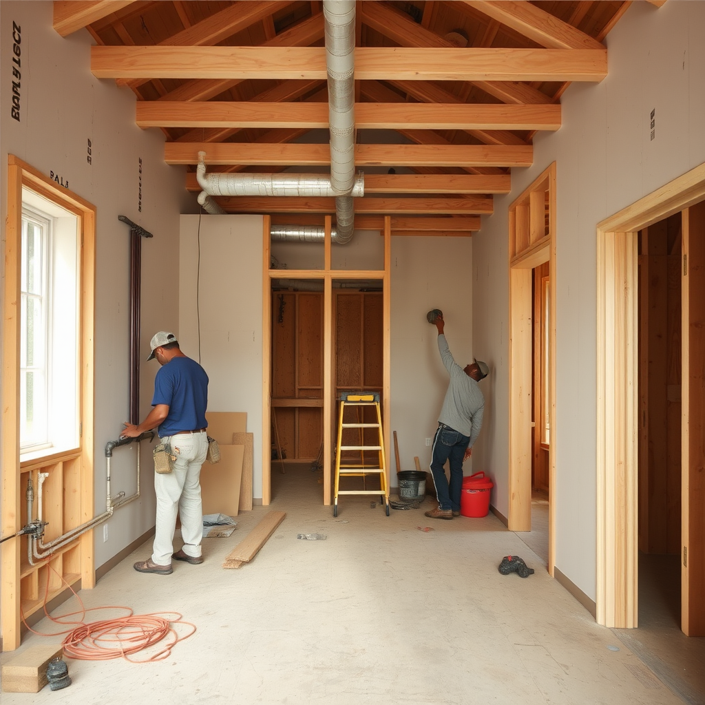 Artisans réalisant les finitions intérieures d'une maison neuve, plomberie, électricité et cloisons