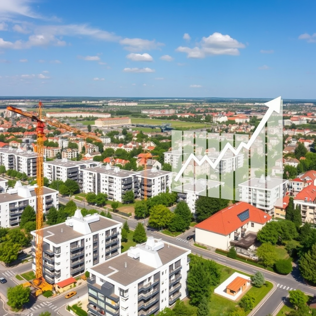 Vue aérienne de nouveaux développements immobiliers en France avec des grues de construction, des bâtiments résidentiels et commerciaux modernes, et des graphiques de croissance du marché superposés