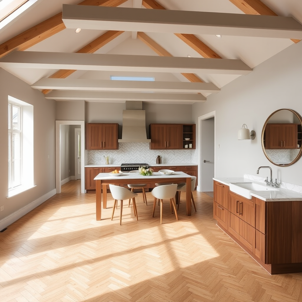 Détails de finitions haut de gamme dans une maison neuve, parquet, peinture et aménagements sur mesure