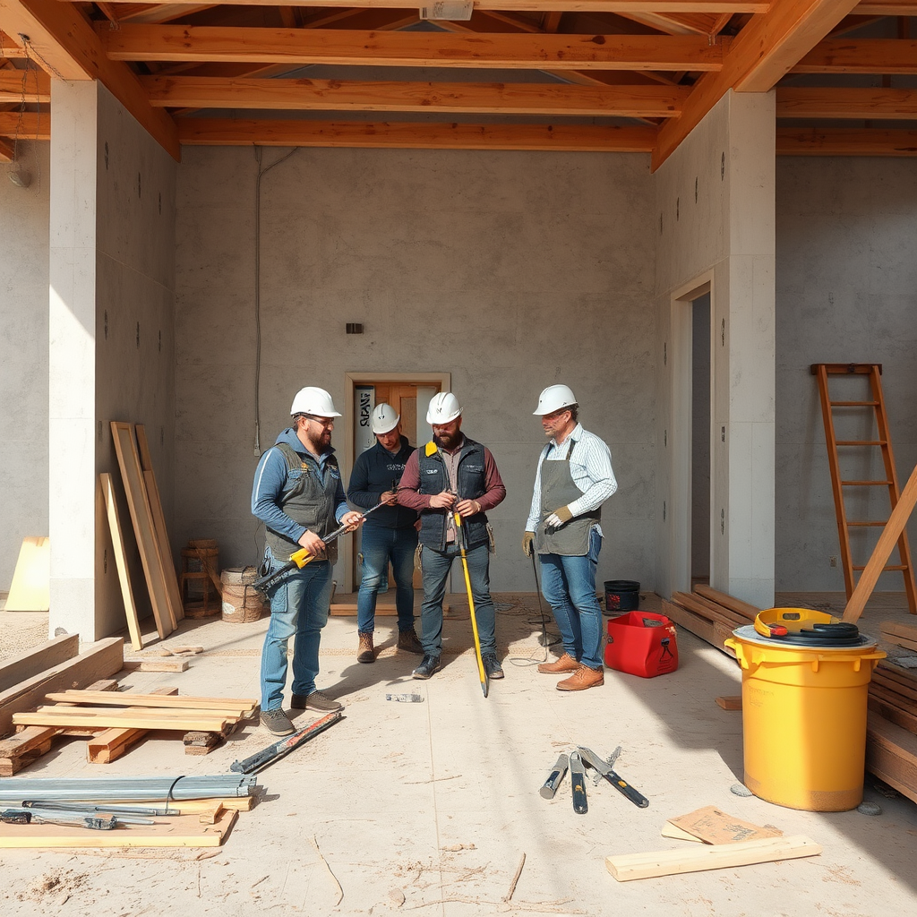Équipe de professionnels NovaOrionex sur un chantier de rénovation avec outils et matériaux de qualité