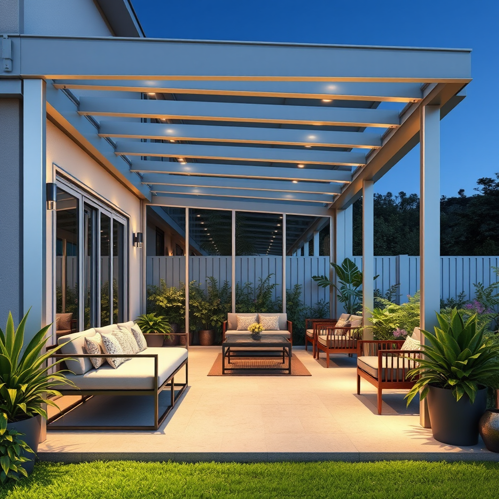 Véranda moderne en aluminium et verre avec mobilier contemporain, plantes vertes et éclairage intégré